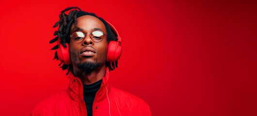 A afro american man wearing red glasses and headphones is standing in front of a red background. Concept of relaxation and enjoyment, as the man is likely listening to music or an audio recording. - obrazy, fototapety, plakaty