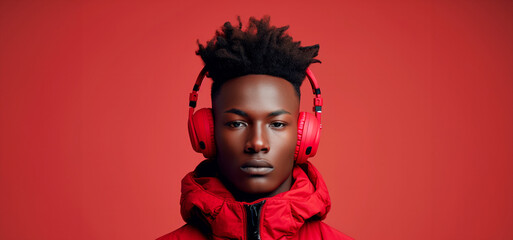 A afro american man wearing red glasses and headphones is standing in front of a red background....
