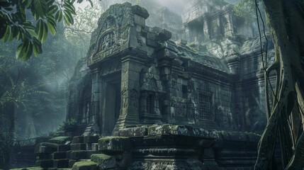 Ancient crumbling stone temple hidden in a misty jungle - obrazy, fototapety, plakaty