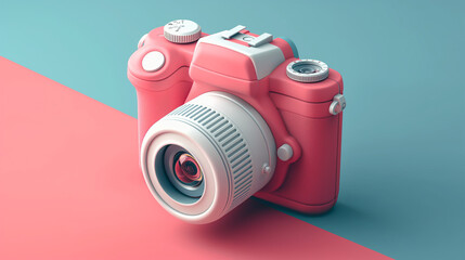 Photo camera 3d render illustration. Pink, blue and yellow compact digital photocamera with lens and flash.