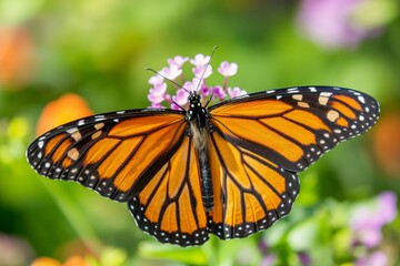 Fototapeta premium Close-up of a vibrant monarch butterfly on a delicate wildflower blossom in the natural summer outdoors, showcasing the beauty of nature and the crucial role of pollination in the ecosystem