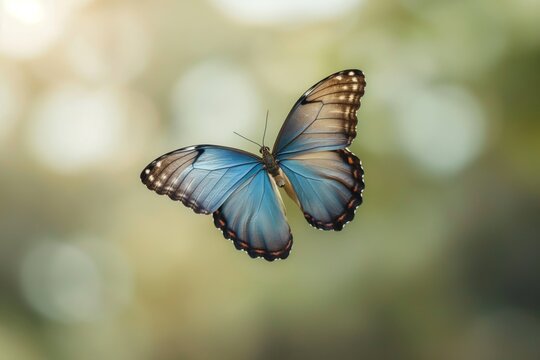 Stunning capture of a blue morpho butterfly flying with its vibrant wings fully spread
