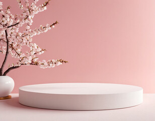 White Podium with Pink and cherry blossom Background generative ai