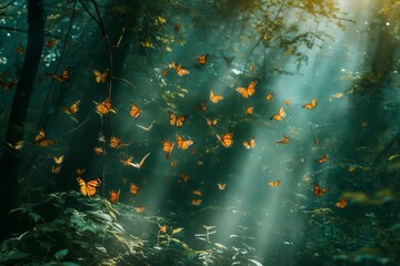 Magical scene of numerous butterflies soaring in a misty, sunlit enchanted forest - obrazy, fototapety, plakaty