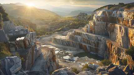 A panoramic view of a marble quarry at sunrise, the rugged landscape bathed in golden light,...