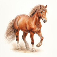 Watercolor illustration of a full body chestnut pony with beautiful mane