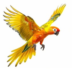 Fototapeta premium yellow aratinga parrot flies on a white background isolated