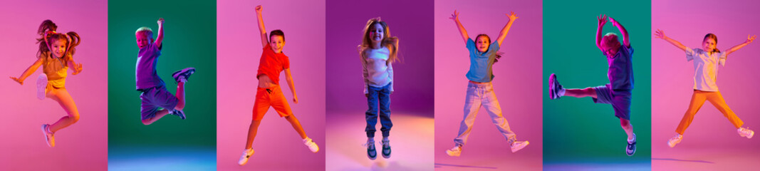 Full-length collage. Different children, boys and girls in motion, playing,jumping and having against multicolored background in neon light. Concept of childhood, kid's emotions, lifestyle, friendship - obrazy, fototapety, plakaty