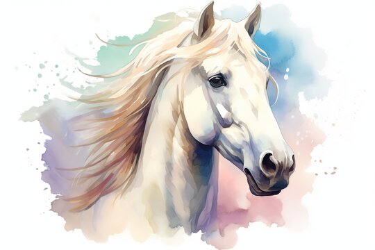 Watercolor painting of noble white horse
