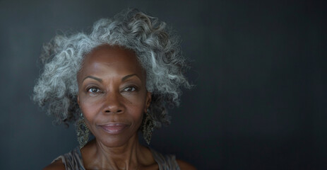 A woman with gray hair and a serious expression. She is wearing earrings and a tank top. close-up portrait of a senior old black african american woman with grey hair
