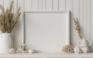 Mockup frame close up in coastal style home interior background, 3d render - obrazy, fototapety, plakaty