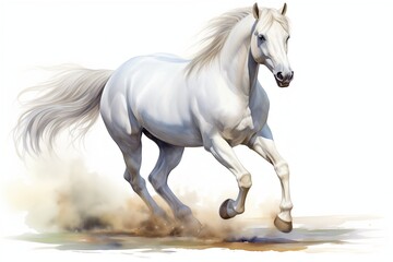 Watercolor painting of noble white horse with white background