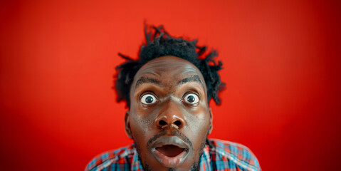A man with a big open mouth and a surprised expression. The man is wearing a plaid shirt. A crazy and funny-looking African American marketing out loud, isolated red background