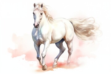 Watercolor painting of noble white horse with white background
