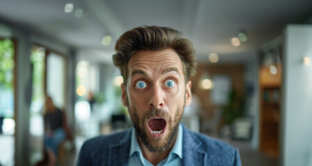 A man with a beard and blue suit is looking surprised. He has a big smile on his face and his eyes are wide open. intern looking with a face of astonishment and envy at a professionally successful man - obrazy, fototapety, plakaty
