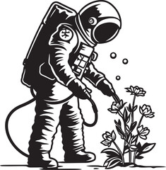 Interstellar Bloom Vector Icon Artwork Nebula Nurturer Astronaut Plant Watering Logo