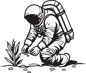 Galactic Germination Astronaut Plant Watering Emblem Interstellar Green Thumb Vector Logo Artwork