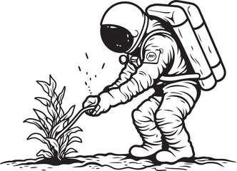 Interstellar Eden Astronaut Watering Logo Design Celestial Crop Care Vector Plant Cultivation Emblem