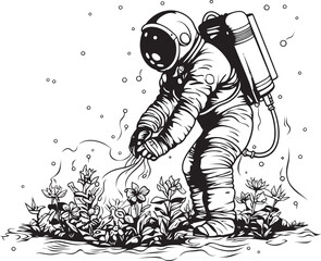 Space Sprout Vector Plant Watering Emblem Astral Greenery Astronaut Plant Care Logo Design