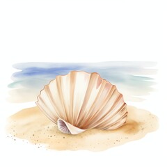 Seashells in the watercolor sea scene with beach and sand