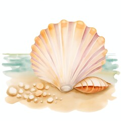 Seashells in the watercolor sea scene with beach and sand