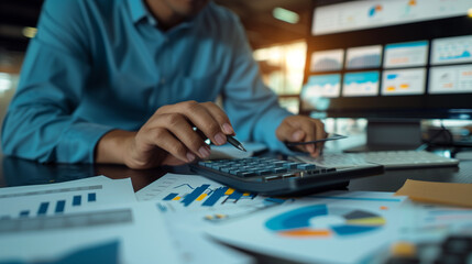 Fototapeta premium Business professional analyzing data with calculator.