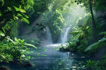 A serene waterfall in a lush jungle setting, perfect for a relaxing weekend getaway Generative AI - obrazy, fototapety, plakaty