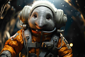 A grey elephant calf in a grey astronaut suit, exploring the stars on a grey background.
