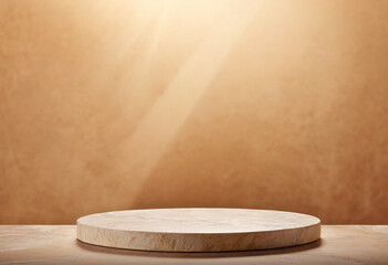 Natural stone podium for beauty and spa cosmetic brand display on brown background wall and sun ray