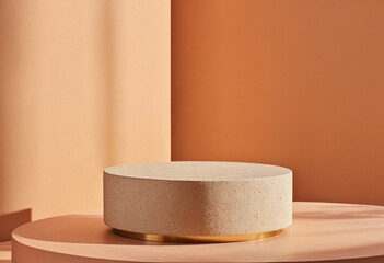 Natural stone podium for beauty and spa cosmetic brand display on brown background wall and sun ray