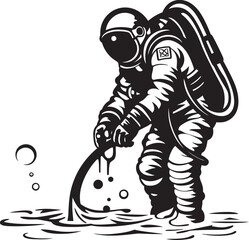 Cosmic Oasis Astronaut Watering Plants Emblem Stellar Cultivation Vector Logo Design of Astronaut Tending Greenery