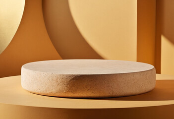 Natural stone podium for beauty and spa cosmetic brand display on brown background wall and sun ray