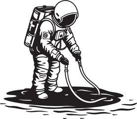 Cosmic Gardener Astronaut Watering Plants Emblem Stellar Sprout Vector Logo Design of Astronaut Gardening