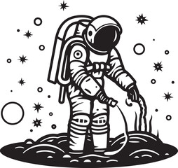 Interstellar Oasis Astronaut Plant Watering Icon Graphics Astral Greenery Vector Emblem of Astronaut Gardening Adventures
