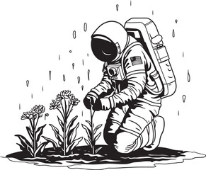 Galactic Green Thumb Astronaut Watering Logo Interstellar Plant Care Vector Logo Iconography
