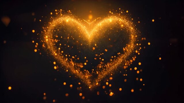 Animation of glowing golden heart with particles.