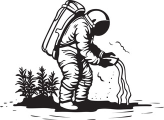 Fototapeta na wymiar Astronautic Greenery Plant Watering Emblem Astral Gardening Vector Logo Art