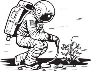 Cosmic Plant Keeper Vector Icon Artwork Galactic Greenhouse Astronaut Watering Emblem