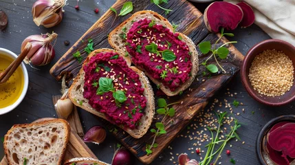 Foto auf Acrylglas Vibrant vegan sandwiches boast creamy beetroot hummus, nestled between slices of freshly baked bread.  © Muhammad