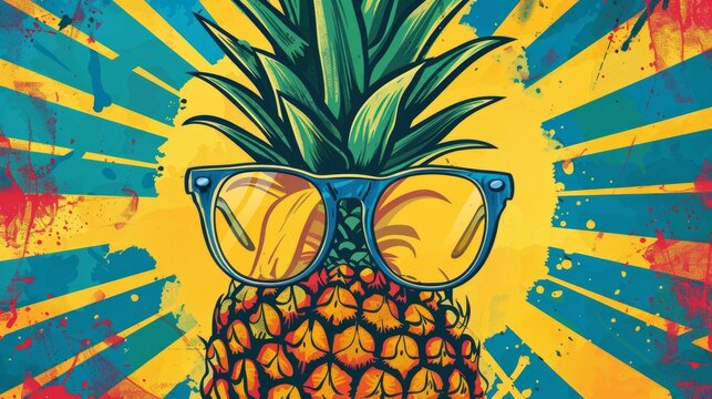 Pop art comic poster with the image of a pineapple with a glasses. Vector illustration