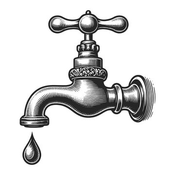 recommend clip art: Water tap drop faucet with water drop, symbolizing water conservation and antique plumbing sketch engraving generative ai raster illustration. Scratch board imitation. Black and white image.