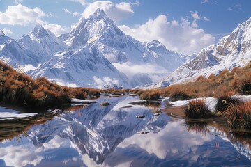 a river with snow covered mountains and a blue sky