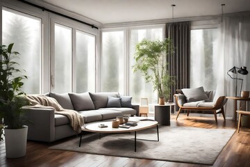Grey sofa with pillows with round coffee table near arched windows. - obrazy, fototapety, plakaty