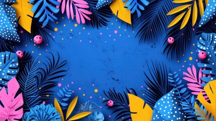 Blue background filled with colorful leaves and dots
