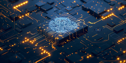 AI Brain Chip touchpad. Artificial Intelligence brain cpu human gpcr mind circuit board. Neuronal network classification smart computer processor data - obrazy, fototapety, plakaty