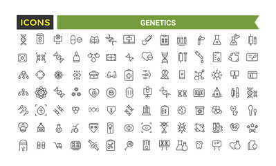 Genetics Icons Set, Set Of Genes, Dna Structure, Chromosomes, Genetic Engineering, Test Tubes, Microscope, Science Lab Vector Icon With Editable Stroke, Vector Illustration