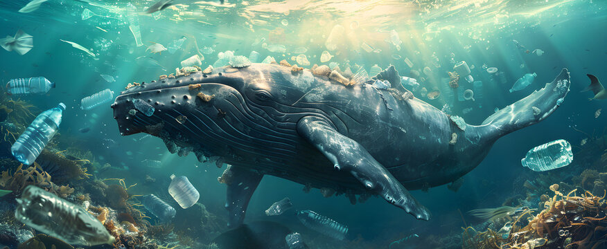 Whale with plastic waste for world ocean day banner