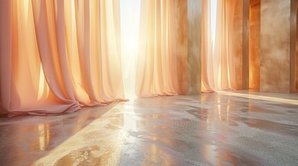 A room featuring a sizable window covered with elegant curtains - obrazy, fototapety, plakaty