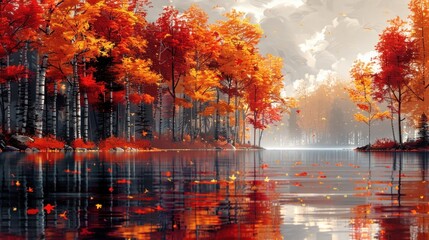 Painting featuring a lake encircled by dense trees