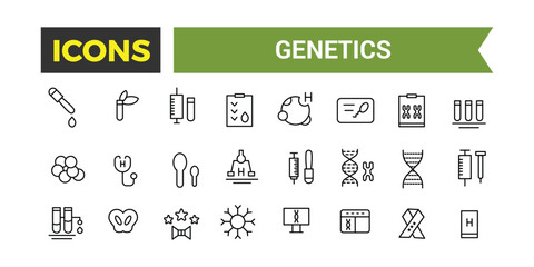 Genetics Icons Set, Set Of Genes, Dna Structure, Chromosomes, Genetic Engineering, Test Tubes, Microscope, Science Lab Vector Icon With Editable Stroke, Vector Illustration